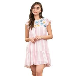 NWT Perch by Blu Pepper Pink Embroidered Ruffle Sleeve Mini Dress Size XL